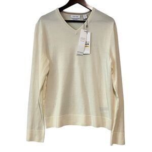 NWT Calvin Klein Cream V-Neck Merino Wool Washable Pullover Sweater Men's Size M